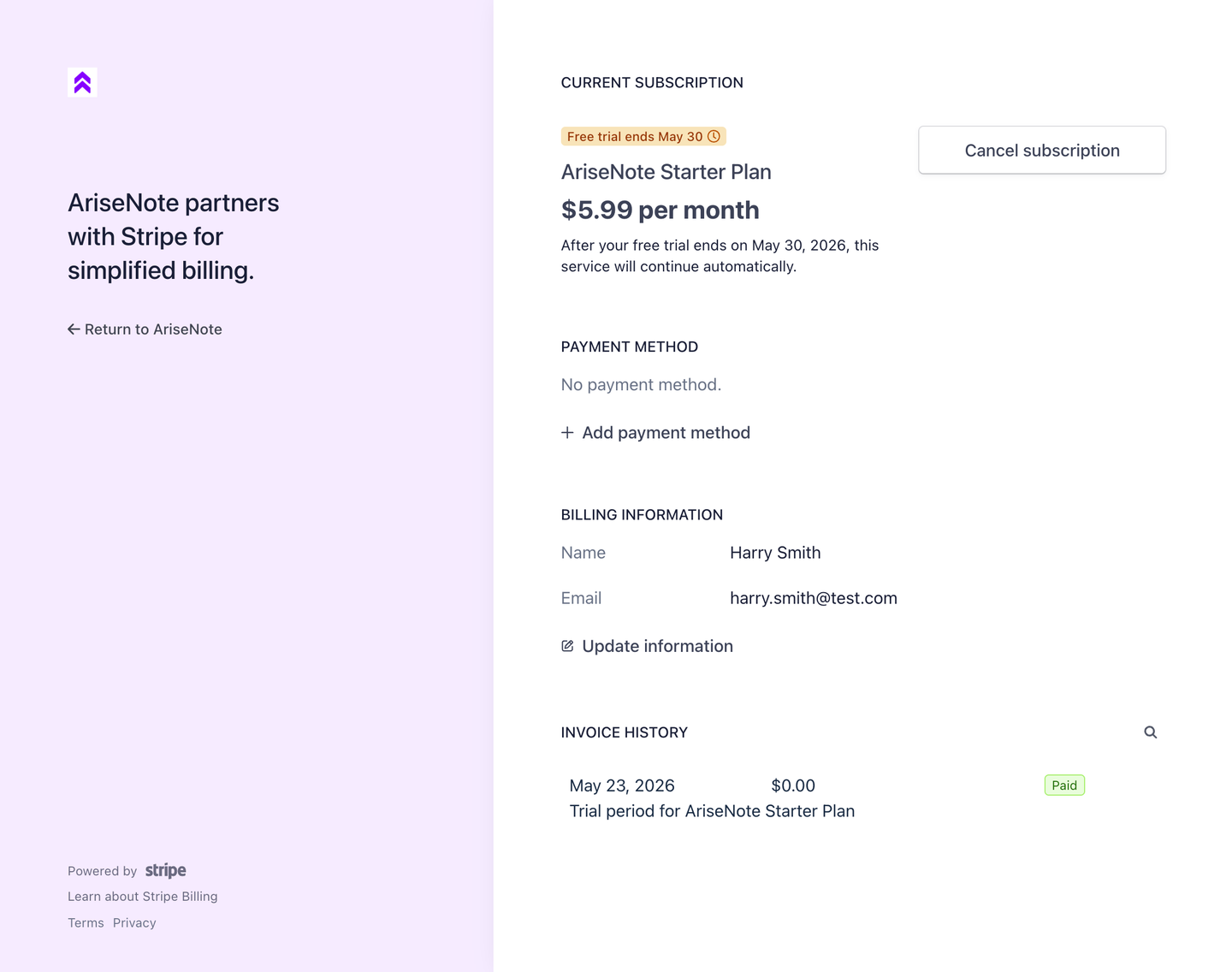 Stripe customer portal link