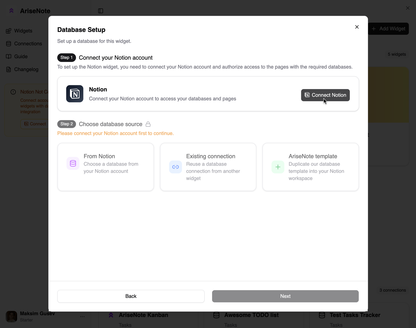 Connect Notion button in widget wizard