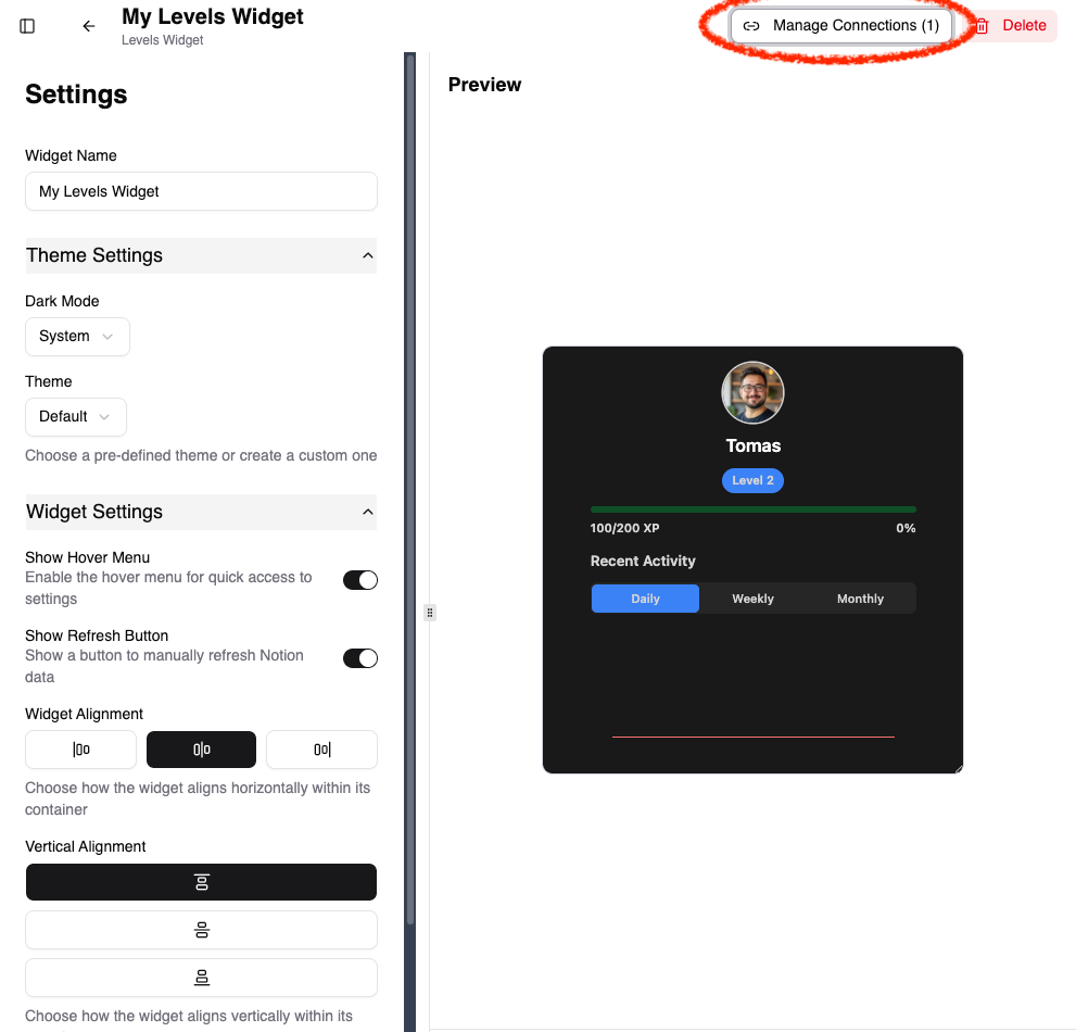 Manage connections from widget customization page