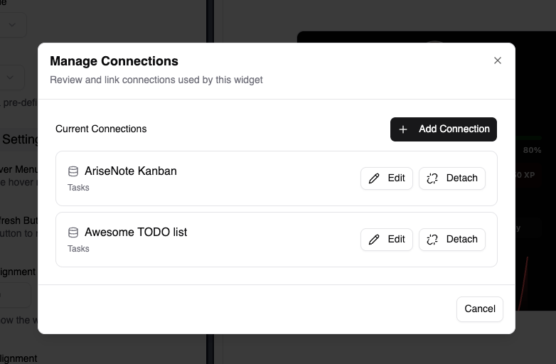 Connections menu from widget customization page
